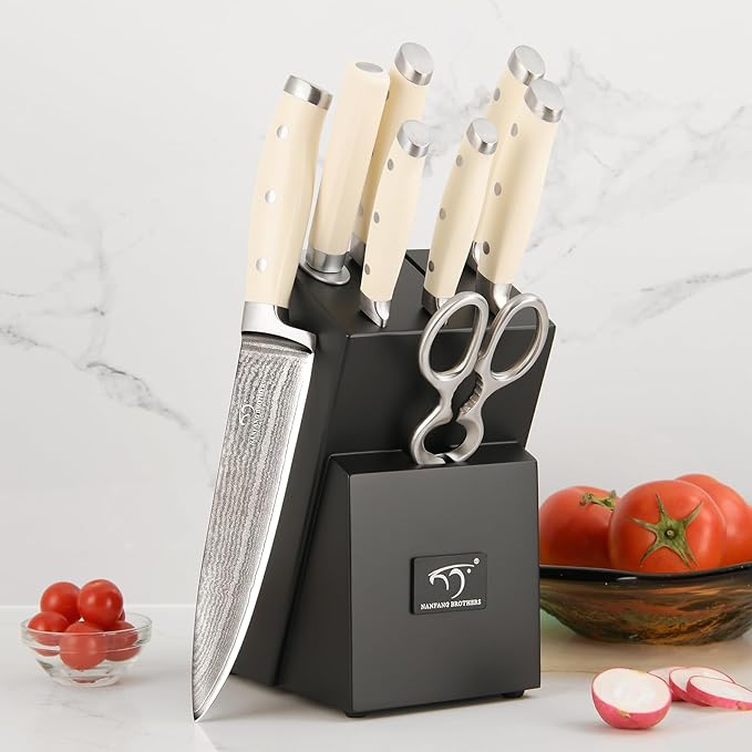 NANFANG BROTHERS Knife Set, 9 Pieces Damascus Kitchen Knife Set with Block, ABS Ergonomic Handle for Chef Knife Set, Knife Sharpener and Kitchen Shears, Knives for Chopping, Slicing & Cutting