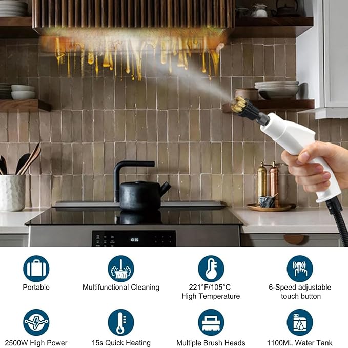 Touchscreen Steam Cleaner 1100ML 2500W High Temperature Pressure Handheld Steam Cleaning Machine with Brush Heads and Gloves 7 in 1 for Car Floor Kitchen Bathroom Window Furniture (White)