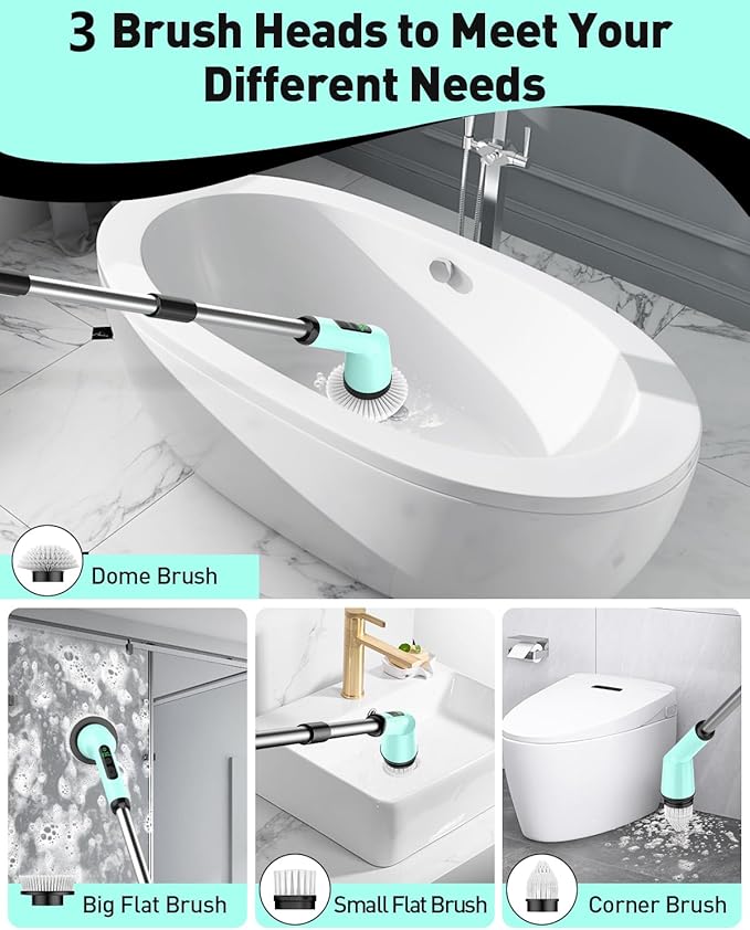 Electric Spin Scrubber for Cleaning Bathroom, Shower Scrubber Cordless Cleaning Brush with IPX7 Waterproof & 2 Speed, 3 Brush Heads, Bathroom Cleaning Supplies for Toilet Shower Tub Mint Green