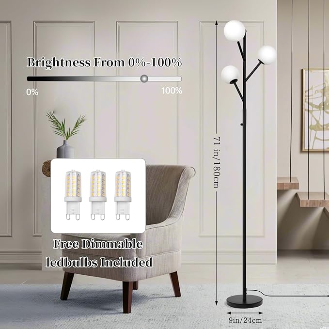 3-Globe Mid Century Black Tree Floor Lamp and Bulbs Included,70in Tall Modern Stepless Dimmable Standing Lamp with Frosted Glass Shade for Living Room Office Bedroom, Study Room(dimmer-Black)