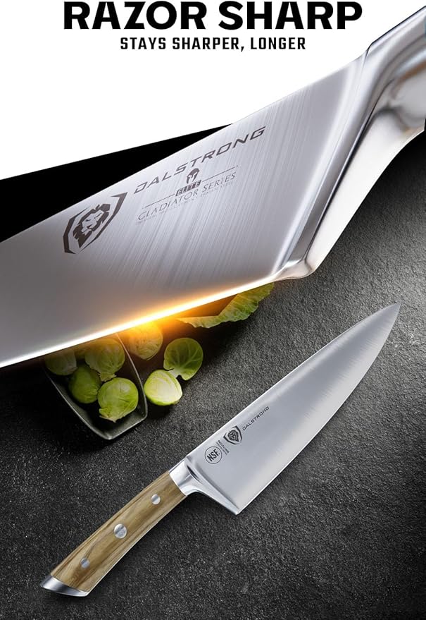 Dalstrong Chef Knife - 8 inch Blade - Gladiator Series - Forged High Carbon German Steel - Razor Sharp Kitchen Knife - Professional Full Tang Knives - Olive Wood Handle - Sheath - NSF Certified