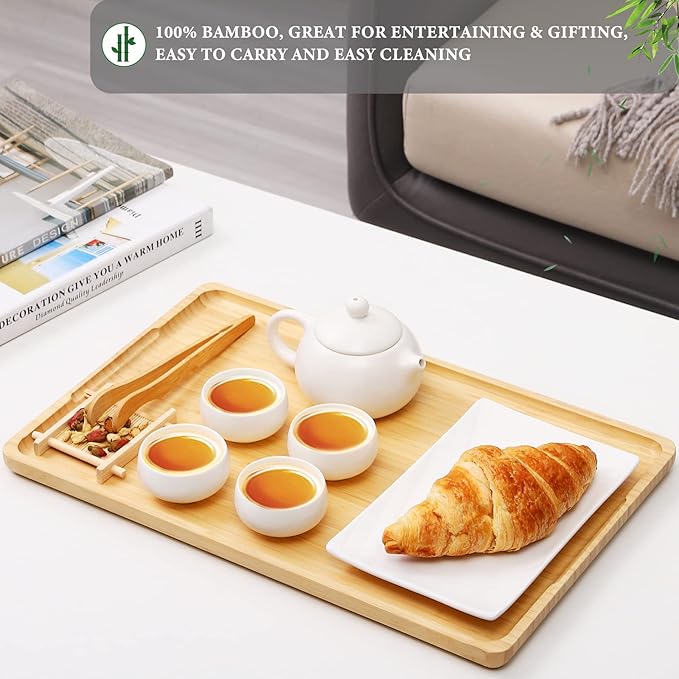 Upgrated Bamboo Serving Tray with Handles – Premium 15”x10” Lightweight Decorative Platter for Breakfast in Bed, Coffee Table, BBQ, Kitchen, Ottoman & Party – Perfect for Lap, Couch & Gifting