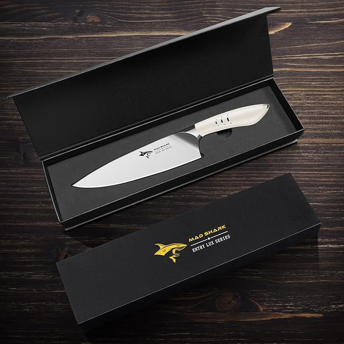 MAD SHARK Chef Knife 8 inch Kitchen Knife High Carbon Stainless Steel Sharp Chef's Knives with Ergonomic Handle, Cooking Knife with Gift Box, Birthday Gifts for Mom/Dad(White)