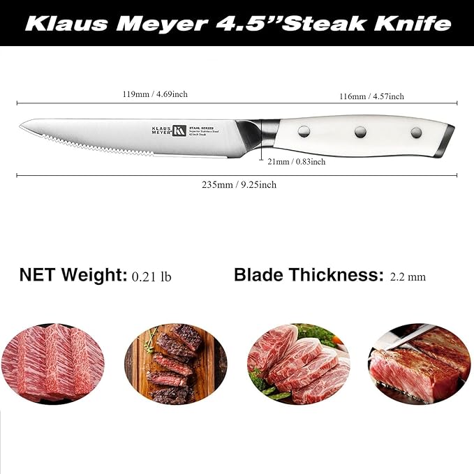 Klaus Meyer Stahl High Carbon Exclusive German Steel 4.5 inch 6 Piece Steak Knife Set (White)