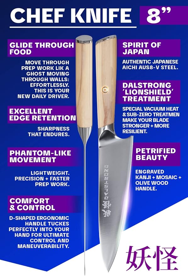 Dalstrong Chef Knife - 8 inch - Phantom Series - Japanese High-Carbon AUS8 Steel Kitchen Knife - Olive Wood Handle - Cooking Knife - Chef's Knife - w/Sheath
