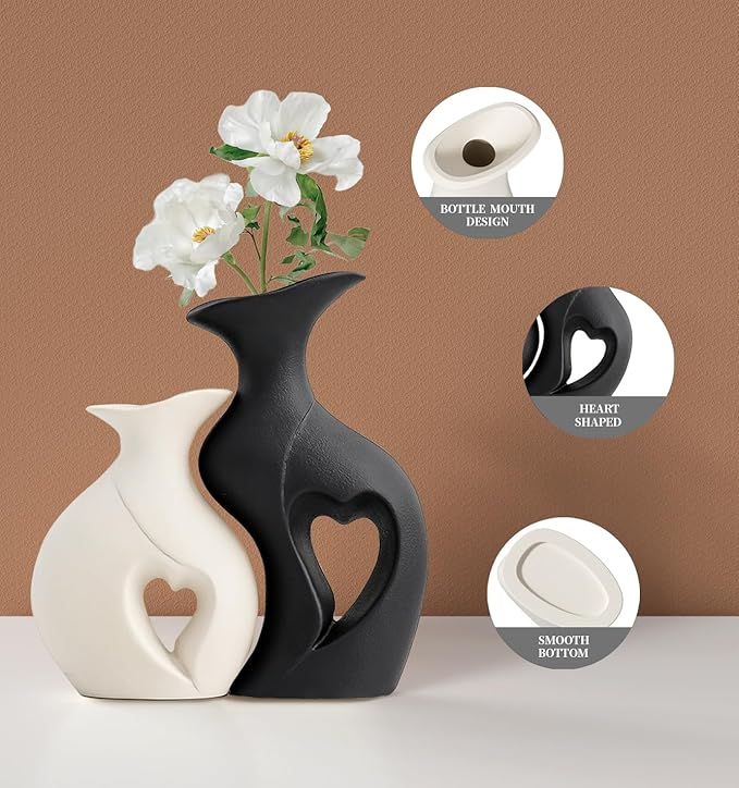 Black and White Vase Heart Shape Ceramic Vase Set of 2,Modern Boho Hollow Flower Vases,Nordic Aesthetic Decor,Decorative Vases for Room,Home Book Shelf,Fireplace,Table Decor