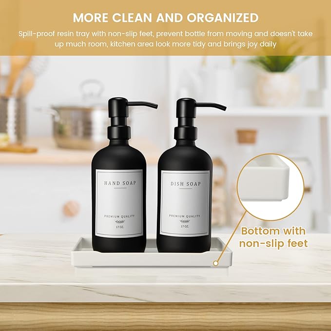 Glass Soap Dispenser for Kitchen Sink,Farmhouse Kitchen Dish Soap Dispenser&Hand Soap Dispenser Set,Rustproof Pump Soap Dispenser Bathroom with Tray,Waterproof Label for Kitchen Decor(Black