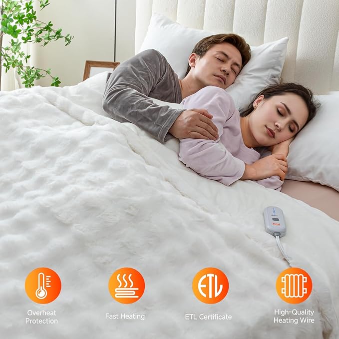 Heated Blanket Electric Throw- 50"x60" Soft Thick Bubble Electric Blanket for Sofa with 5 Heat Levels & 4 Hours Auto-Off Overheat Protection, Warm Cozy Gifts, Cream