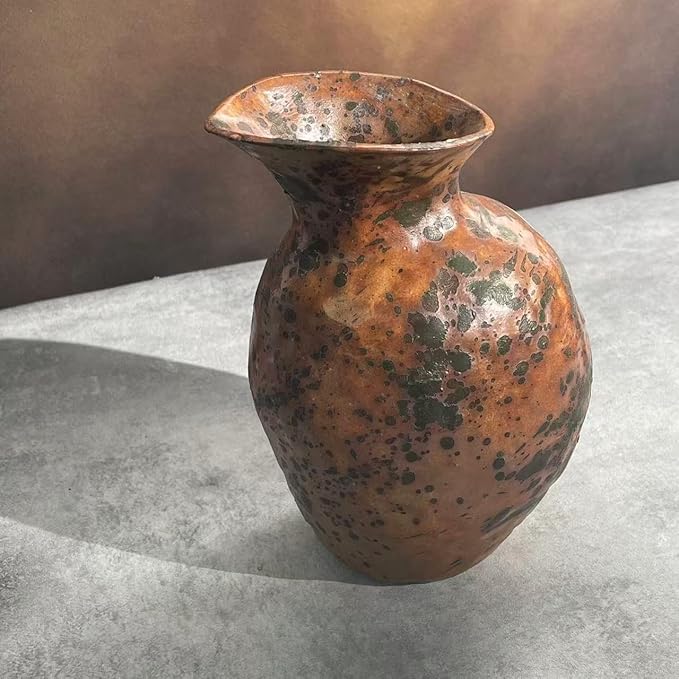 Rustic Pottery Ceramic Vase - Vintage Farmhouse Style Decor, White Grid Ceramic Vases for Home Decor, Modern Farmhouse Decor (Grey and green)