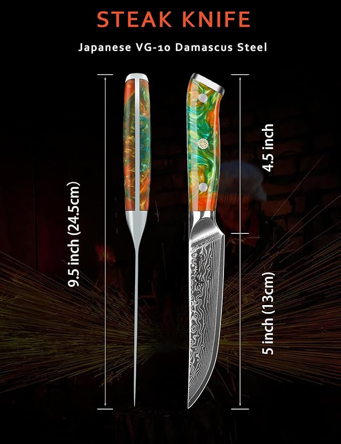 Steak Knives Set of 4, Ultra Sharp Non Serrated Kitchen Steak Knife 5 Inch - Damascus Steel & Resin Handle - Xuan Series(Fantasy Orange)