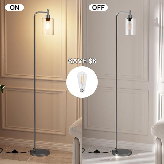 Floor Lamps for Living Room - Industrial Standing Lamp with Glass Shade, Modern Grey Floor Lamp with LED Bulb, Farmhouse Floor Lamp for Bedroom, Tall Lamp for Office - Grey