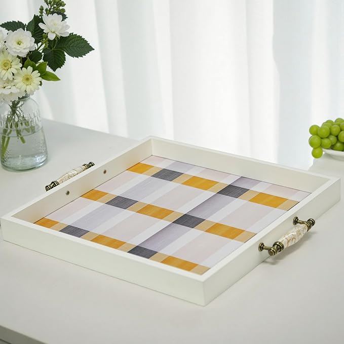 Rustic White Wooden Frame Plaid Serving Tray with Ceramic Handles, Yellow Grey White Checkered Decorative Breakfast Tray, Velvet Bottom, 16.3" x 15" x 1.6"