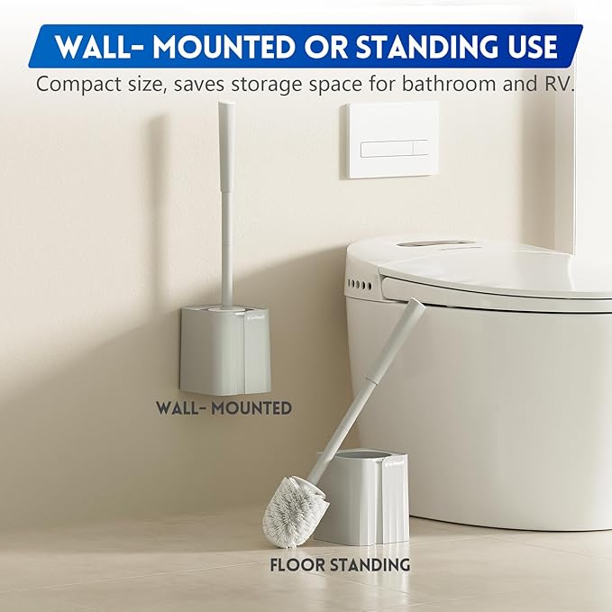Toilet Brush, Toilet Bowl Cleaners Brush with Hidden Holder, Long Handle, Durable PP Bristles, Modern RV Bathroom Accessories, Deep Cleaning, Wall mountable. - Grey