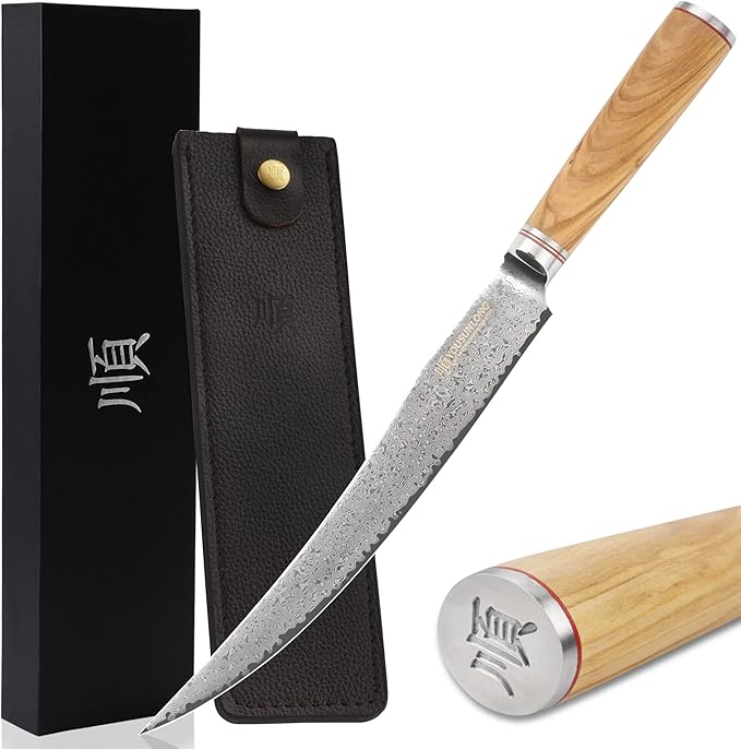YOUSUNLONG Slicing & Carving Knife -10''(25.4cm) - Damascus Steel - Japanese Hammered Super Steel - Razor Sharp - Italian Olive wood Handle With Leather Sheath -Ham Slicer- Slicing Cleaver