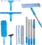 Window Squeegee Cleaner with 4 Stainless Steel Extension Poles,Long Reach to 58inch, Scrubber, Glass Scraper, Bendable Duster, 2 Scrubber Cloth for Window, Car, Professional Cleaning Kit
