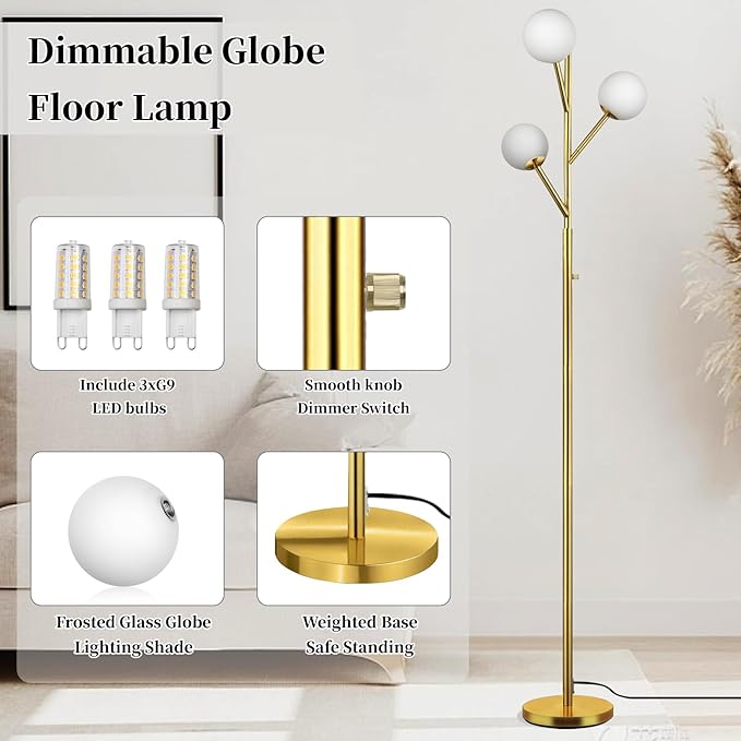 70in Gold 3-Globe Mid Century Dimmable Floor Lamp for Living Room G9 LED Bulbs Included,Modern Standing Lamp with Frosted Glass Shade for Bedroom,Studyroom Antique Brass Lighting(dimmer-Gold)