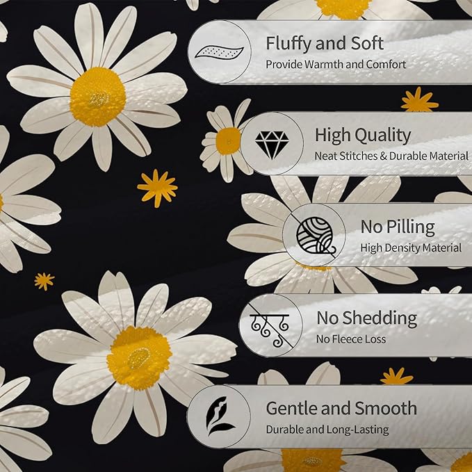 White Daisy Flowers Blanket - Soft Lightweight Cozy Floral Flannel Throw Blanket for Adults Kids Women Girls, Warm Fuzzy Blankets for Couch, Bed, Travel, Outdoor Use, Home Decor 50×40 in