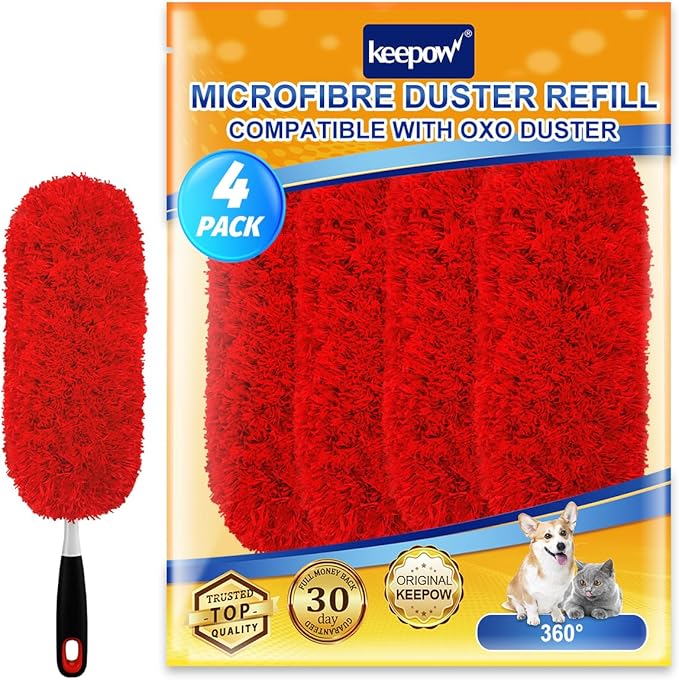 KEEPOW 4 Pack Microfiber Heavy Duty Reusable Duster Refills Compatible with OXO Duster, Microfiber Dusters for Cleaning Compatible with OXO Microfiber Duster for Ceiling(Handle is Not Included)
