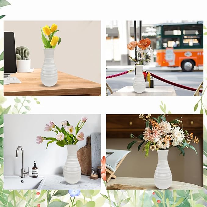 Small White Plastic Flower Vase - Dired/Fake Flower Decorative Modern Floral Vase, Ceramic Look Unbreakable Plastic Vase Minimalism Style for Table Shelf Home Decor Flower Vase Centerpieces