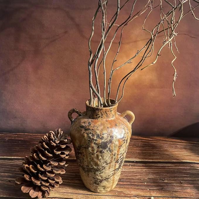 Rustic Pottery Ceramic Vase - Vintage Farmhouse Style Decor, White Grid Ceramic Vases for Home Decor, Modern Farmhouse Decor (Gray black)