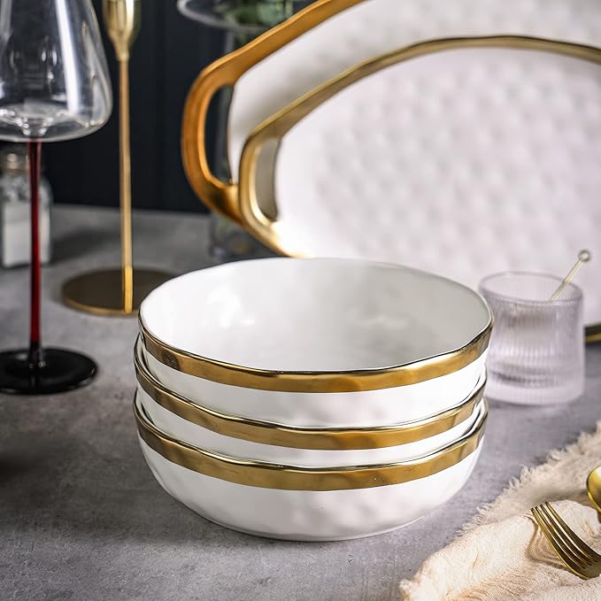 Stone Lain Florian 4-Piece Round Pasta Bowl Set, White with Gold Rim