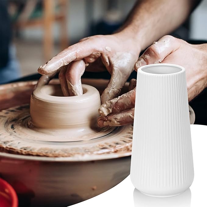 White Ceramic Vase, GUKJOB Small Cute Flower Vase for Pampas Grass, Home, Living Room, Dining Table, Farmhouse, Office Decor, Bedroom, Table, and Kitchen Shelf (White- 2PCS)