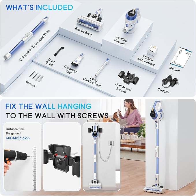 Cordless Vacuum Cleaner - Powerful, 45Kpa Home Stick Vacuum, 180°Bendable Wand & Removable Battery, Up to 50 Mins, 8 in 1 Self-Standing Vacuum, Wall Mount Charging for Hardfloor, Carpet Blue