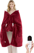 Heated Blanket Wearable Electric Blanket with Hood and Pockets, Heating Throw Blanket, Electric Heated Wrap Shawl with 6 Heating Levels Setting & 4 Hours Auto Shut Off, Machine Washable(Shrot, Wine)