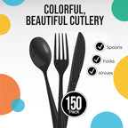 Party Solids Black Plastic Silverware Heavy Duty 150 Pieces Black Plastic Cutlery Sets, Utensil Sets, 50 Of Each Forks, Knives & Spoons Disposable Cutlery Set, Flatware Set For Party Supplies