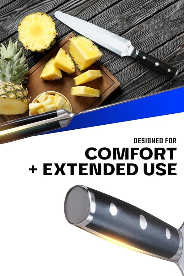 Dalstrong Dual Chef Knife - 8 inch - Gladiator Series Elite - Straight+Serrated Edge - Forged High Carbon Steel Sharp Kitchen Knife - Full Tang Knife Gift- Black G10 Handle - Sheath - NSF Certified