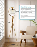 Lightdot Tripod Floor Lamp for Living Room, Gold Standing Lamp with Clear Glass Lampshade, Farmhouse Tall Lamp for Bedroom, Arced Reading Light for Home Office
