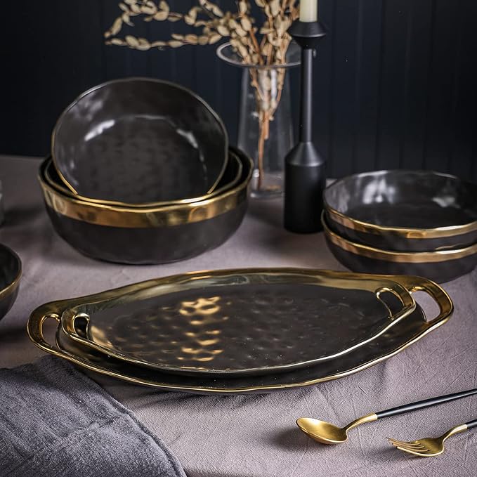 Stone Lain Florian Porcelain Large and Medium Oval Platters with Handle, Service Set, Black with Gold Rim