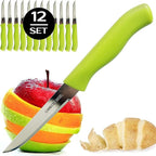 Paring and Garnishing Knife, 12-Piece Set, Knives with Straight Edge 3 Inch Blade, Stainless Steel, Spear Point, Fruit and Vegetable Cutting and Peeling, Green