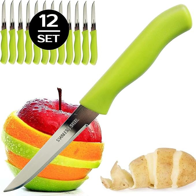Paring and Garnishing Knife, 12-Piece Set, Knives with Straight Edge 3 Inch Blade, Stainless Steel, Spear Point, Fruit and Vegetable Cutting and Peeling, Green