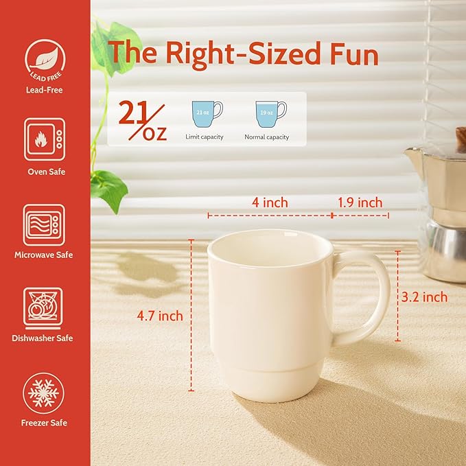 Sweese 21 Oz Large Mug Set, Porcelain Stackable Mugs Sets of 6, Coffee Cups with Handle for Coffee, Tea and Mulled Drinks, White