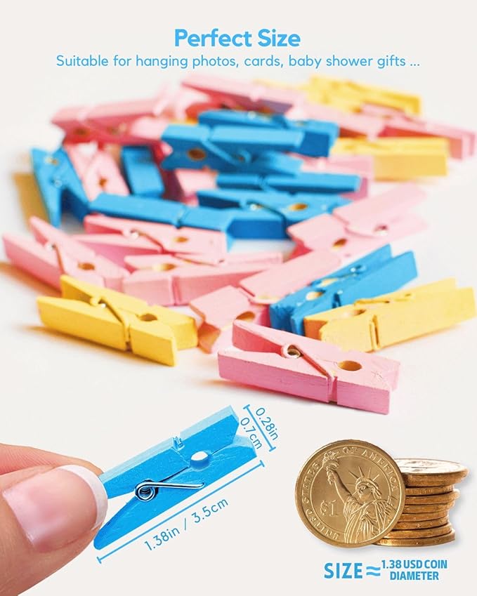 Clothes Pins Mini Clothespins Blue - 100 PCS Wooden Paper Photo Clips Tiny Colored Small Clothespins for Pictures with Jute Twine, Ideal for Baby Shower, Crafts, Home Office Decoration