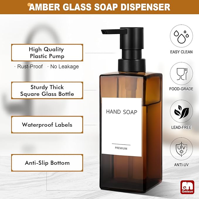 GMISUN Dish Soap Dispenser, 12 Fl oz / 350 ml Dual Soap Dispenser with Sponge Holder, Customized Amber Glass Kitchen Soap Dispensers Set, Modern Hand and Dish Soap Dispensers Set Removable