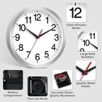 12 Inch Wall Clock Modern Battery Operated Silent Non Ticking Analog Clock Decorative for Bedroom Kitchen Bathroom Office Home Living Room (Silver)