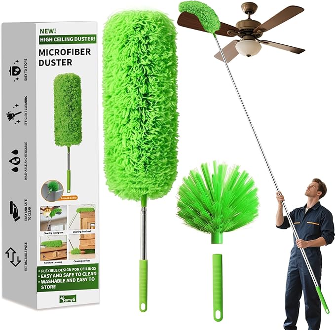 Cobweb Duster with Extension Pole, Washable Cleaning Duster Set with 2 Duster Heads, Corner Brush, 15-110-Inch Telescoping Pole for high Ceiling Fans, Long Duster for high Ceilings，Reach Duster