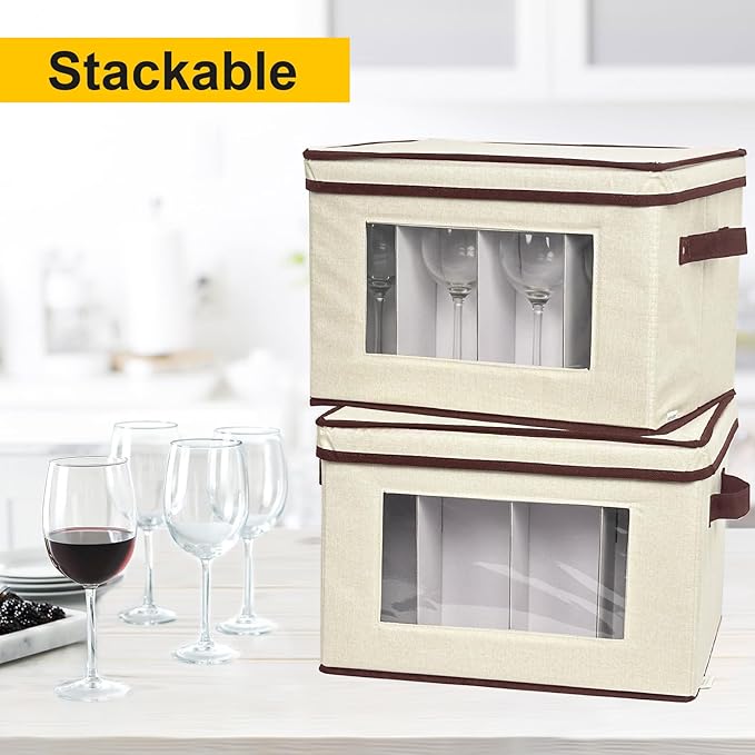 homyfort 2 Pack Wine Glass Storage Box with Dividers, Stemware Storage Case Organizer, China Crystal Glass Storage Containers for 24 Goblets (Beige)