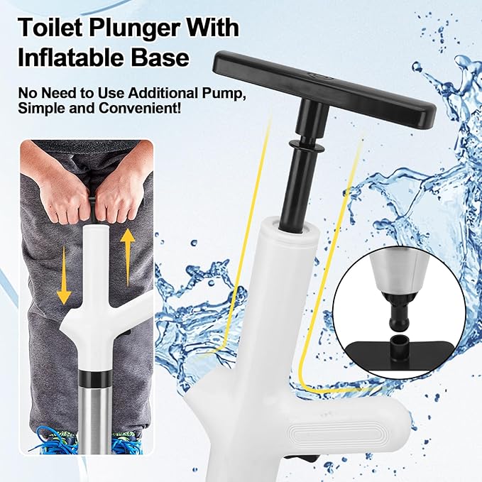 Toilet Plunger Drain Clog Remover, High Pressure Air Drain Remover Tool with Real-Time Barometer, Stainless Steel Clog Toilet Cleaner for Bathroom Kitchen Commercial Floor Sink(White)