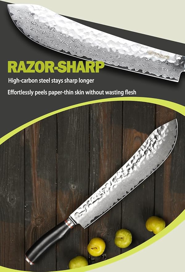 YOUSUNLONG Breaking Knife Max Bull Nose Butcher's knife 12" Japanese 67 Layers Hammered Damascus Steel with Natural Leadwood Handle
