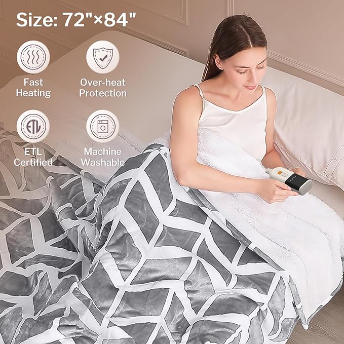 VENTIMI Electric Blanket Heated Throw, 72" x 84" Heated Blanket with 9 Heat Levels & 2 to 10 Hours Auto Off, Fast Heating Blankets with ETL & FCC Certification, Grey