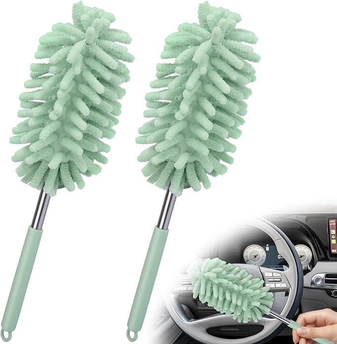 2 PCS Car Interior Duster with Extension Pole, Microfiber Car Dusters with Bendable Head, Cars Dusters Exterior&Interior Scratch Free, for Cleaning of Vehicle Details, Offices, Window (Light Green)