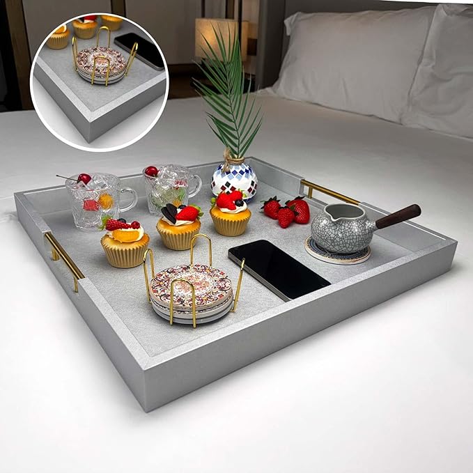 20x20 Inches Large Silver Faux Leather Wrapped Wood Ottoman Tray with Handles for All Occasions, Serving Food Breakfast On Bed, Home Decor Decorative, Living Room,Square Coffee Table Organizer