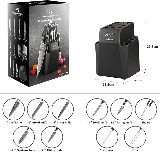 NANFANG BROTHERS Damascus Kitchen Knife Set, 18-Piece with Block, Ergonomic Handles, Carving Fork, Sharpener, Shears