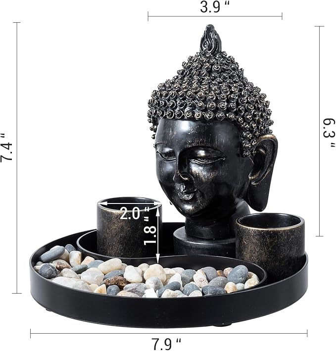 MyGift Black Resin Buddha Head Sculpture Zen Garden Miniature Landscape Set for Desk Decor, Includes 2 Tea Light Candle Holders, Decorative Pebble Rocks and Metal Yin Yang Shaped Design Display Tray