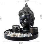 MyGift Black Resin Buddha Head Sculpture Zen Garden Miniature Landscape Set for Desk Decor, Includes 2 Tea Light Candle Holders, Decorative Pebble Rocks and Metal Yin Yang Shaped Design Display Tray