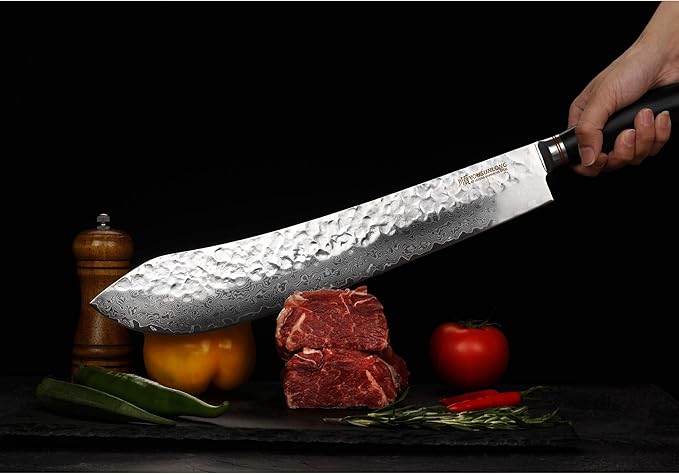YOUSUNLONG Breaking Knife -14 Inch Extra Long Blade - Super Bull Nose Butcher Knife - Japanese Damascus High Carbon Stainless Steel -Razor Sharp Blade - Ergonomic Ebony Handle With Sheath