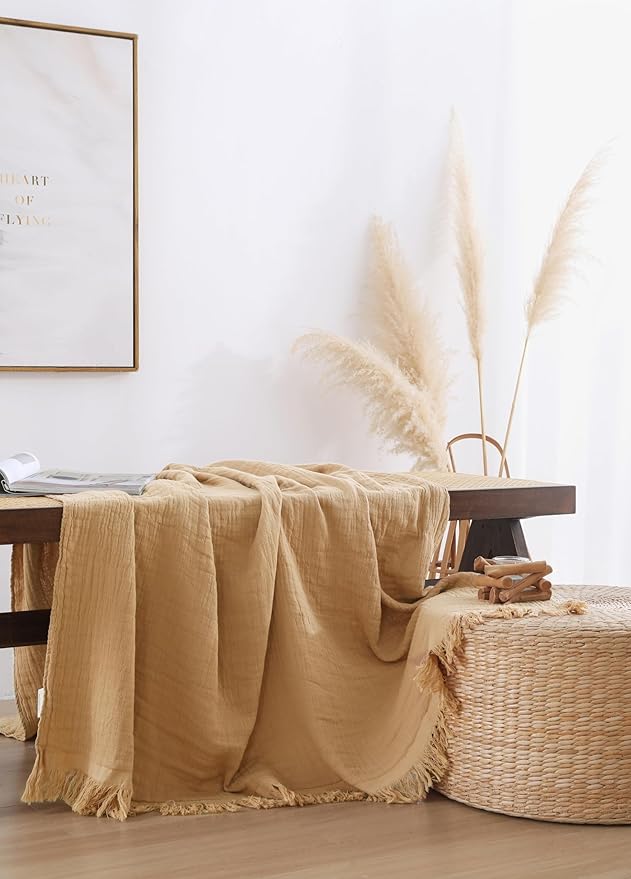 100% Cotton Muslin Throw Blanket for Bed, Couch, Small, Decorative, Soft, Pre-Washed, Breathable and Lightweight Gauze Blanket with Tassels, Suitable for All Seasons, Sand, 50"x60"